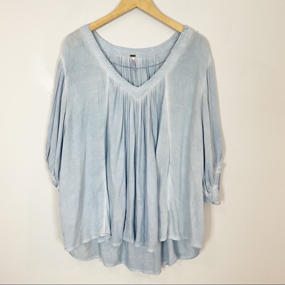 Free People Washed Blue V-neck Flowy Boho Top (Small)